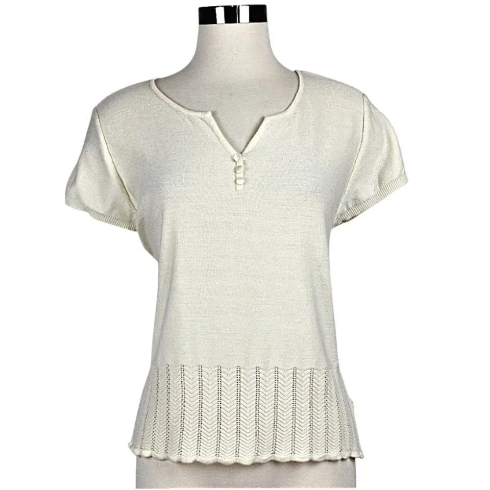 Sweater Short Sleeve  Round Split Neck Chevron Hem Patten Ivory Womens Petite XL